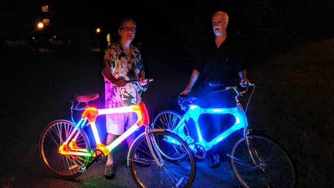 Founder Gerard Poole (R) and Electrical Engineer Steve Svoboda (L) with two of the latest Bright Bike prototypes built in cooperation with Gabriel Pommier, mechanical engineer student at UMDBC. (Photo courtesy of Gerard Poole)